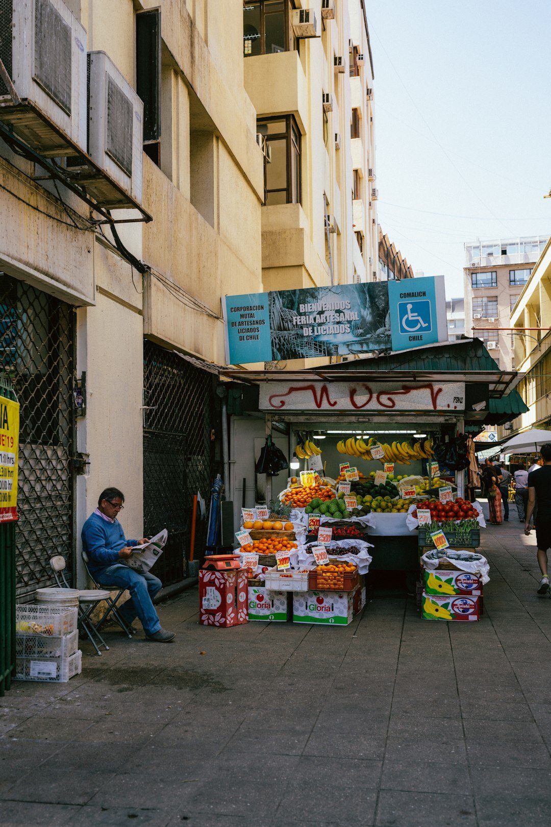 Vendor arranging fresh produce at a covered market stall in Santiago